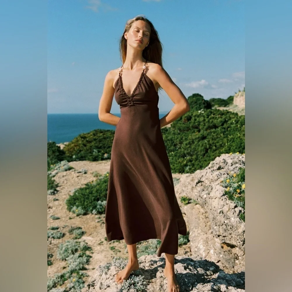zara brown beaded dress ZARA Sequin & beaded halter dress  Can I Borrow it Babe